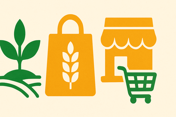 A vibrant marketplace displaying various agricultural products like seeds, fertilizers, and tools.